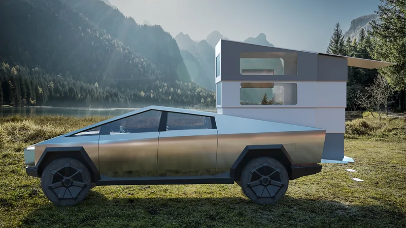 Pop-up truck camper deployed on a pickup by a mountain lake, rendered in 3D
