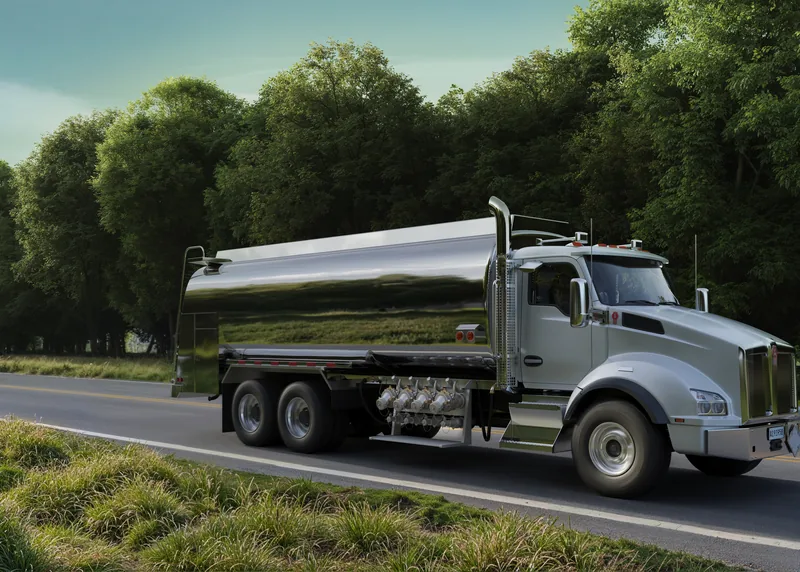 Fuel tanker truck on a country road, front three-quarter view, rendered in 3D